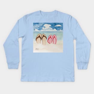 Flip flops off at the beach Kids Long Sleeve T-Shirt